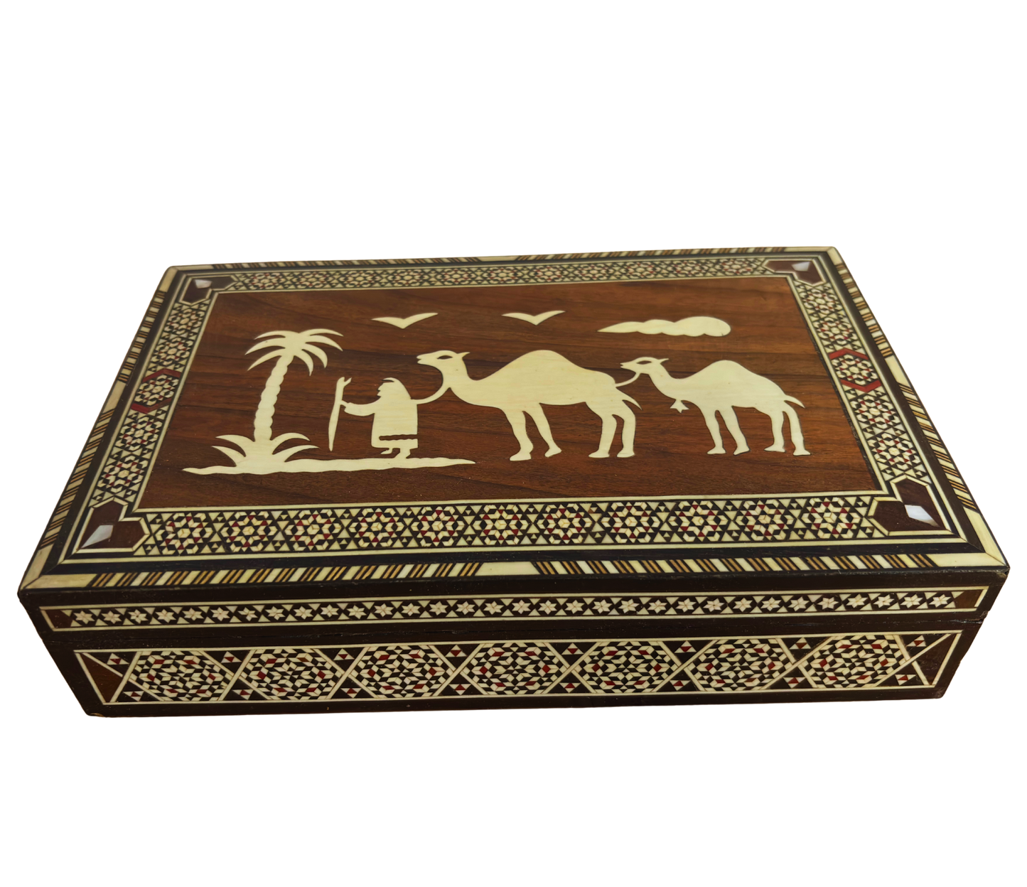 Zeldzame Vintage 1970 Kameel Mozaïekdoos – Handgemaakte Damascene Oosterse Kunst met Parel Inleg