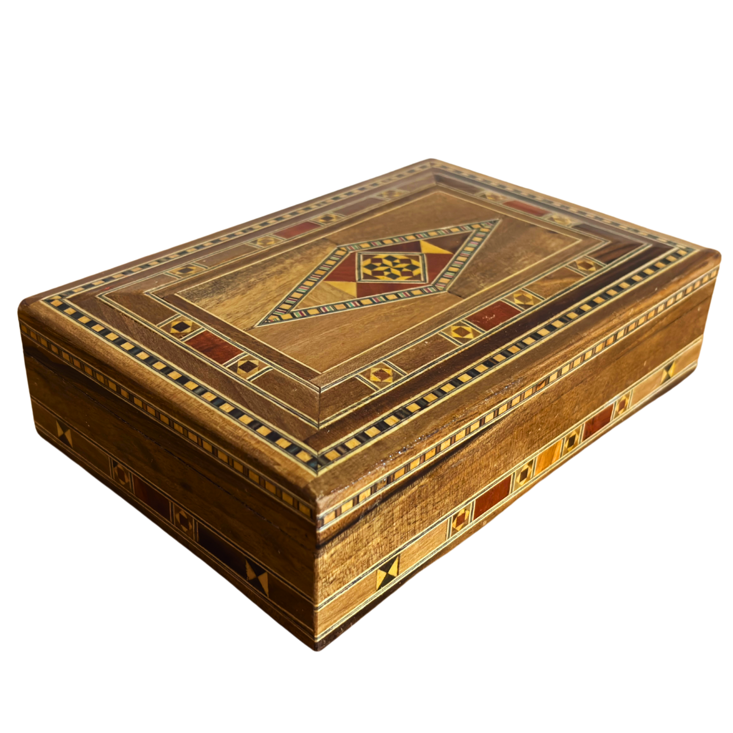 Elegante portagioie damasceno rettangolare – Realizzato a mano in legno di faggio, eucalipto e limone