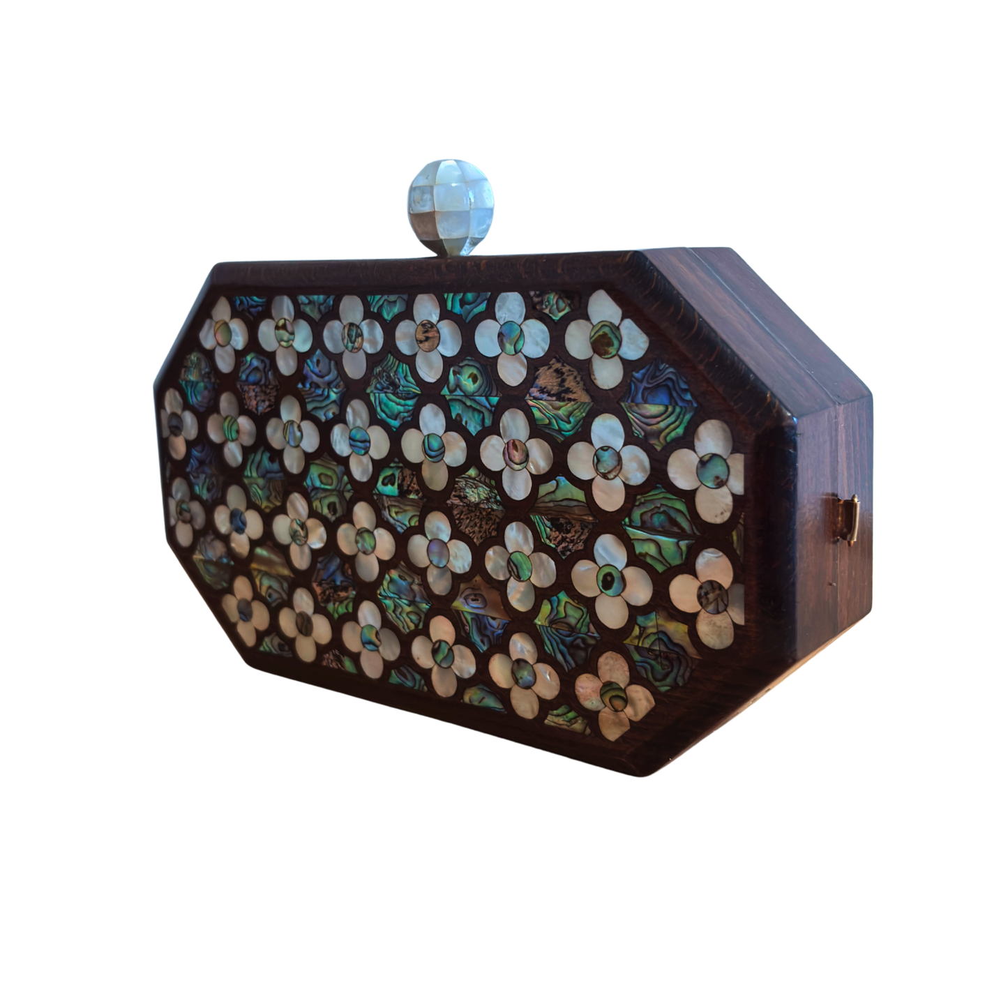 Das Flüstern der Rosen – Handgefertigte Damaszener Clutch aus Nussbaumholz mit Perlmuttrosen & Perlenkette