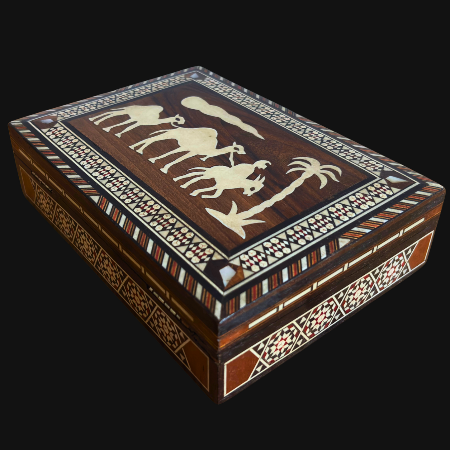 Medium 1970 Vintage Camel Damascene Mosaic Box -Brown-