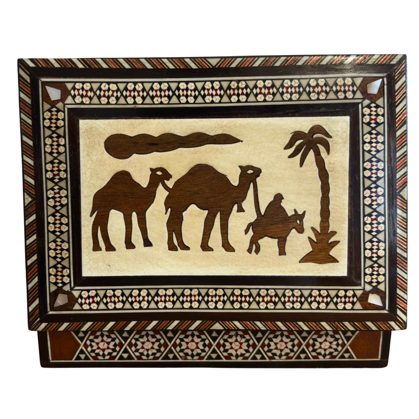Caixa vintage de joias com mosaico de camelo – Arte damascena artesanal de 1970 com incrustação em madrepérola