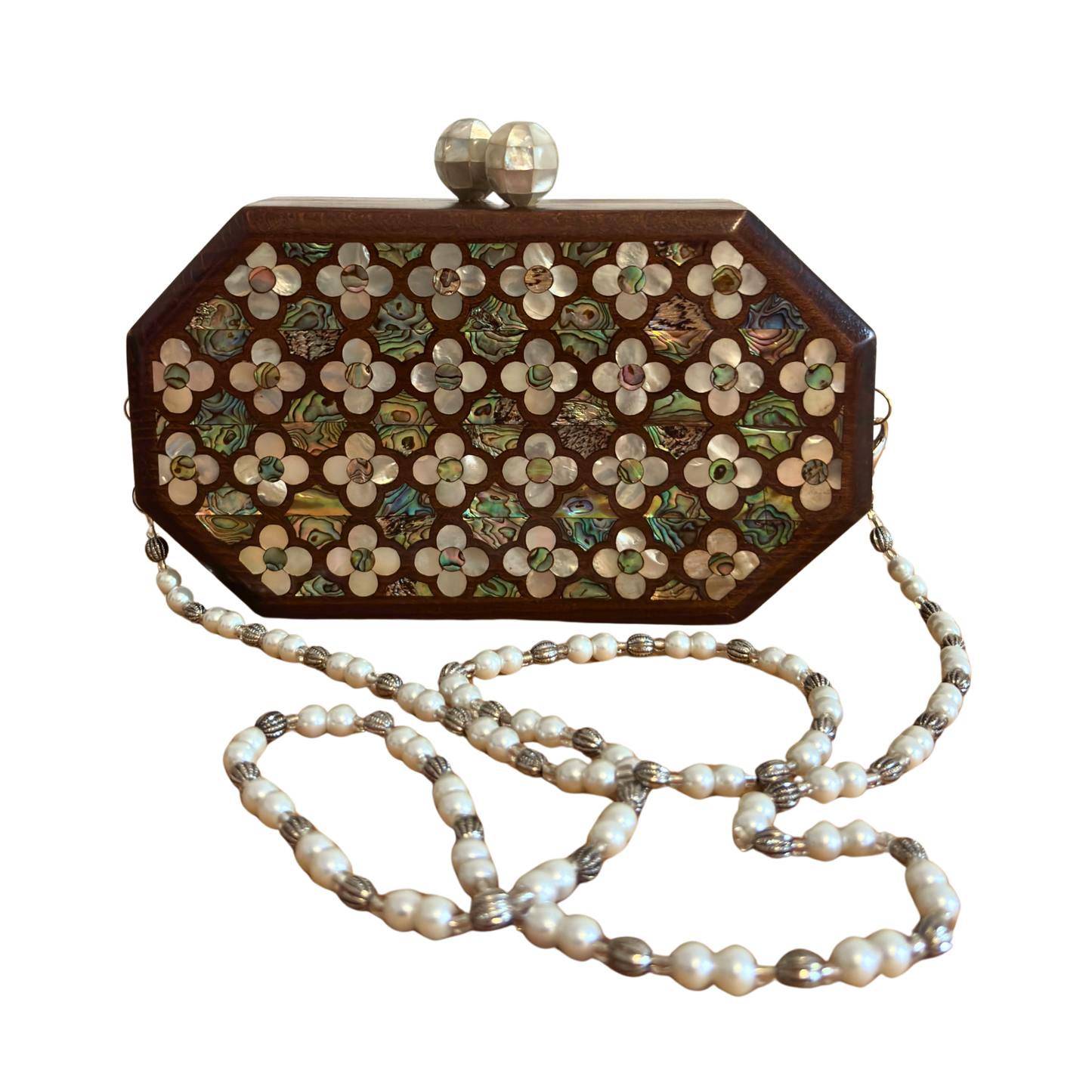 Das Flüstern der Rosen – Handgefertigte Damaszener Clutch aus Nussbaumholz mit Perlmuttrosen & Perlenkette