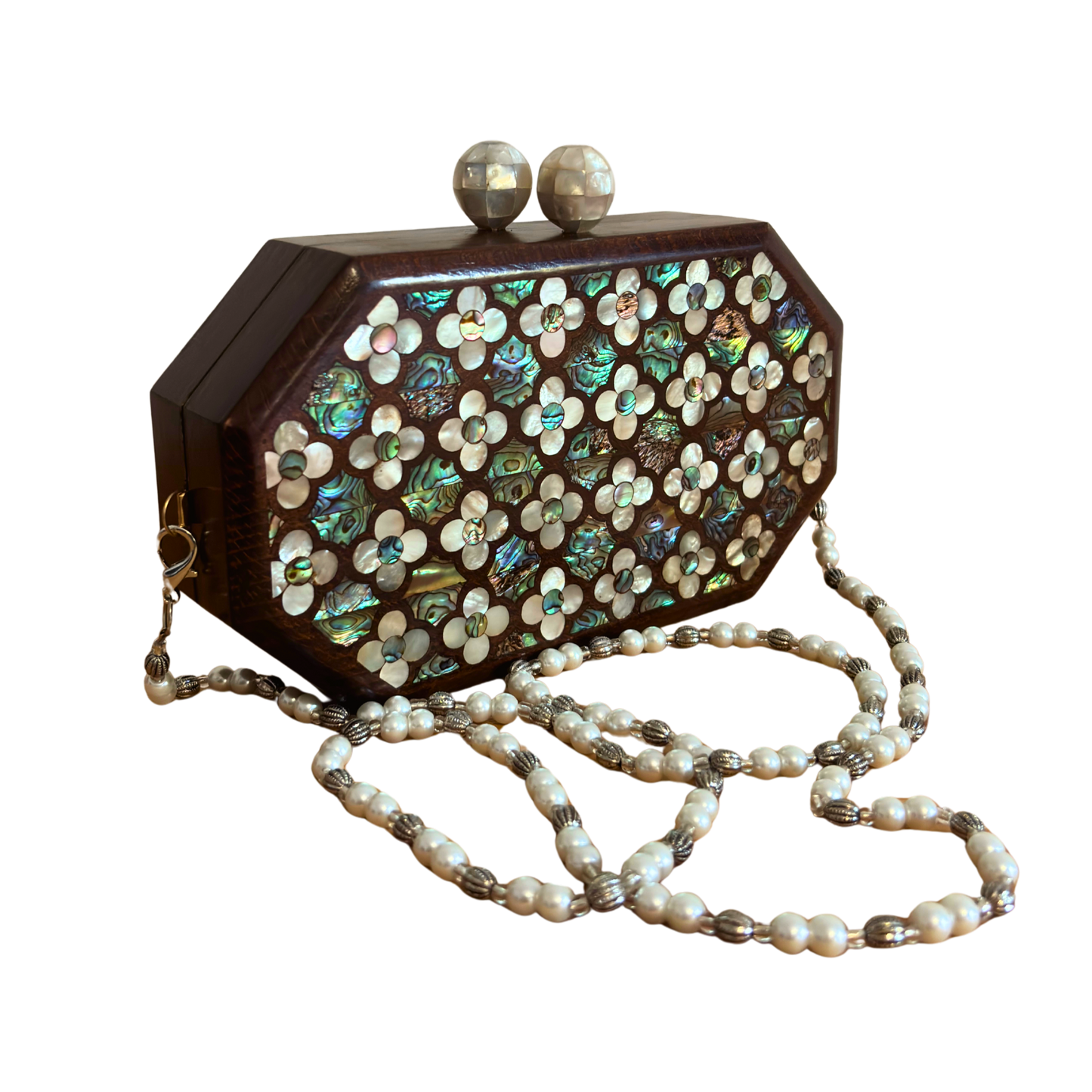 Das Flüstern der Rosen – Handgefertigte Damaszener Clutch aus Nussbaumholz mit Perlmuttrosen & Perlenkette