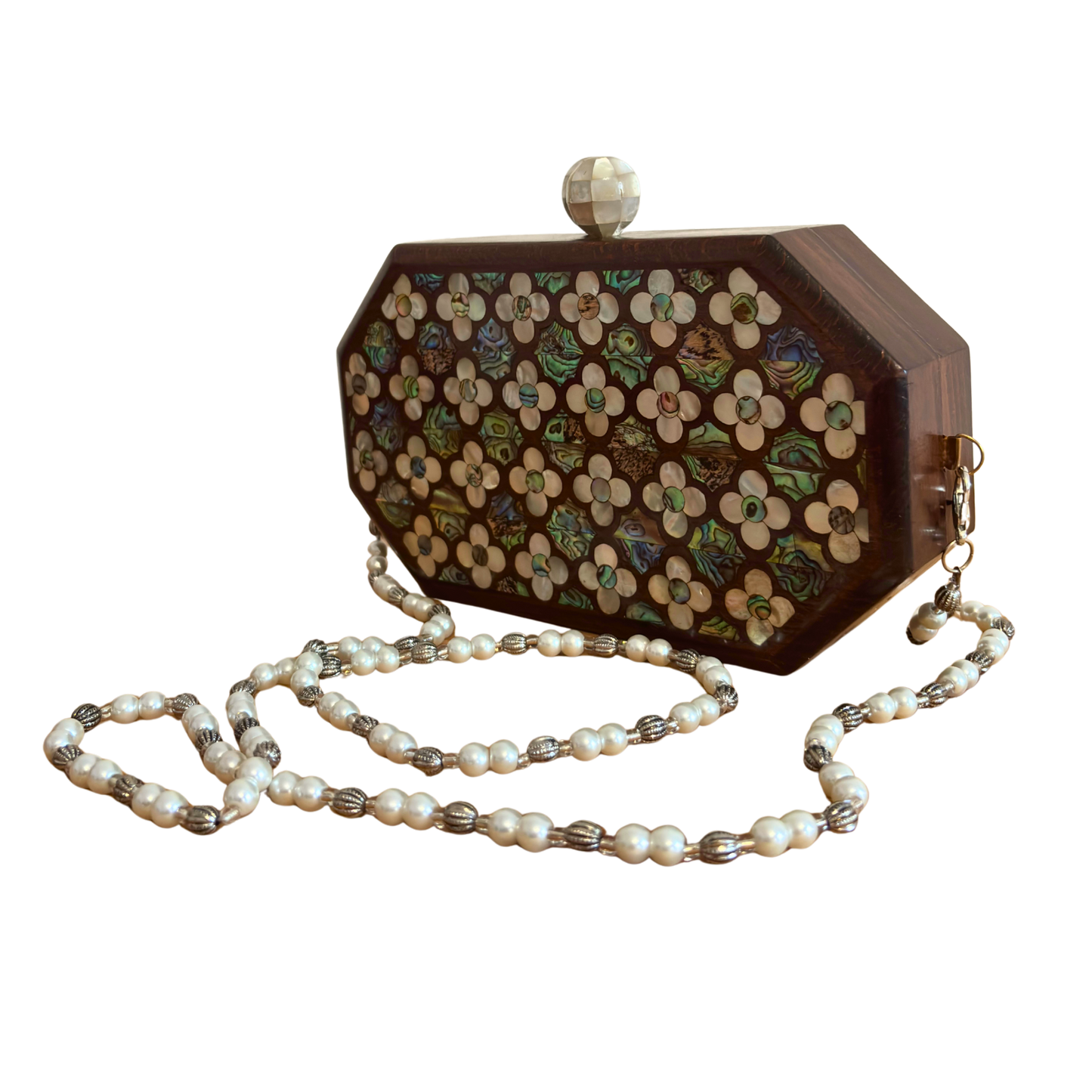 Das Flüstern der Rosen – Handgefertigte Damaszener Clutch aus Nussbaumholz mit Perlmuttrosen & Perlenkette