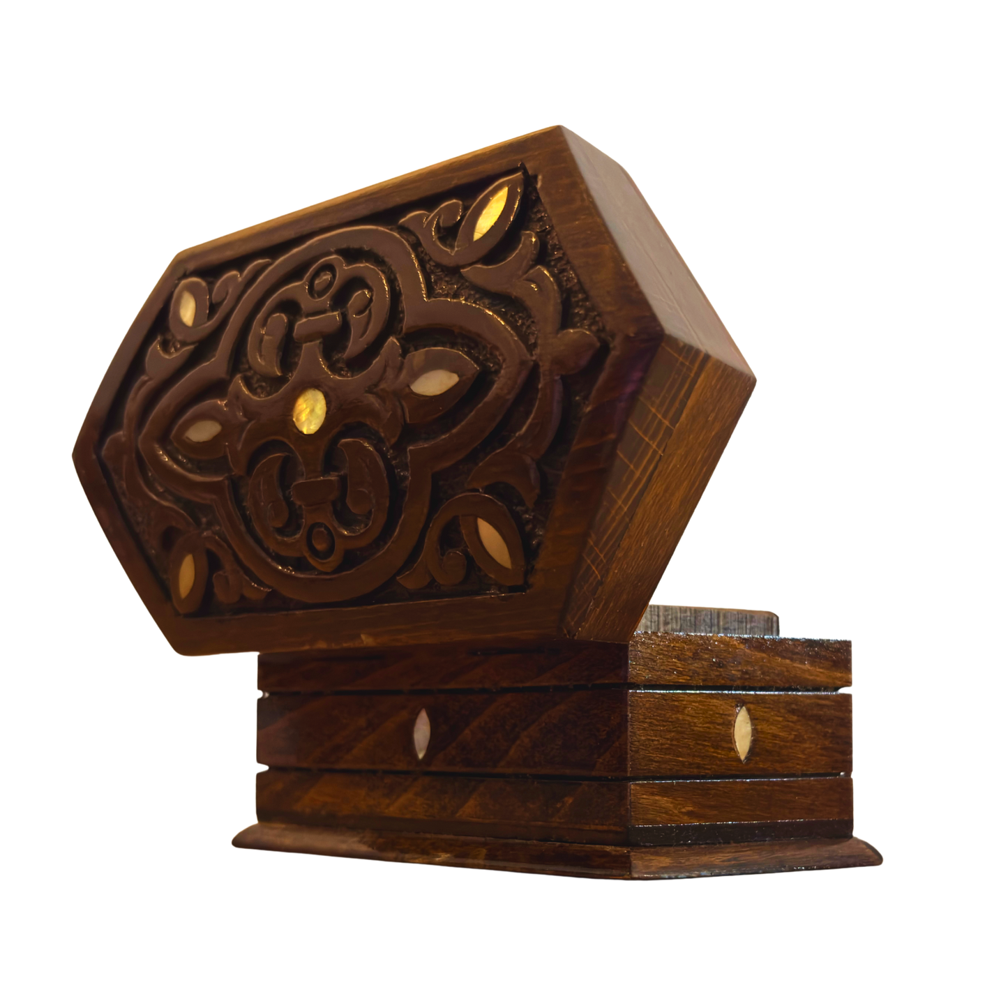 Scatola in Faggio Intagliata a Mano – Madreperla e Velluto, Design Orientale Senza Tempo