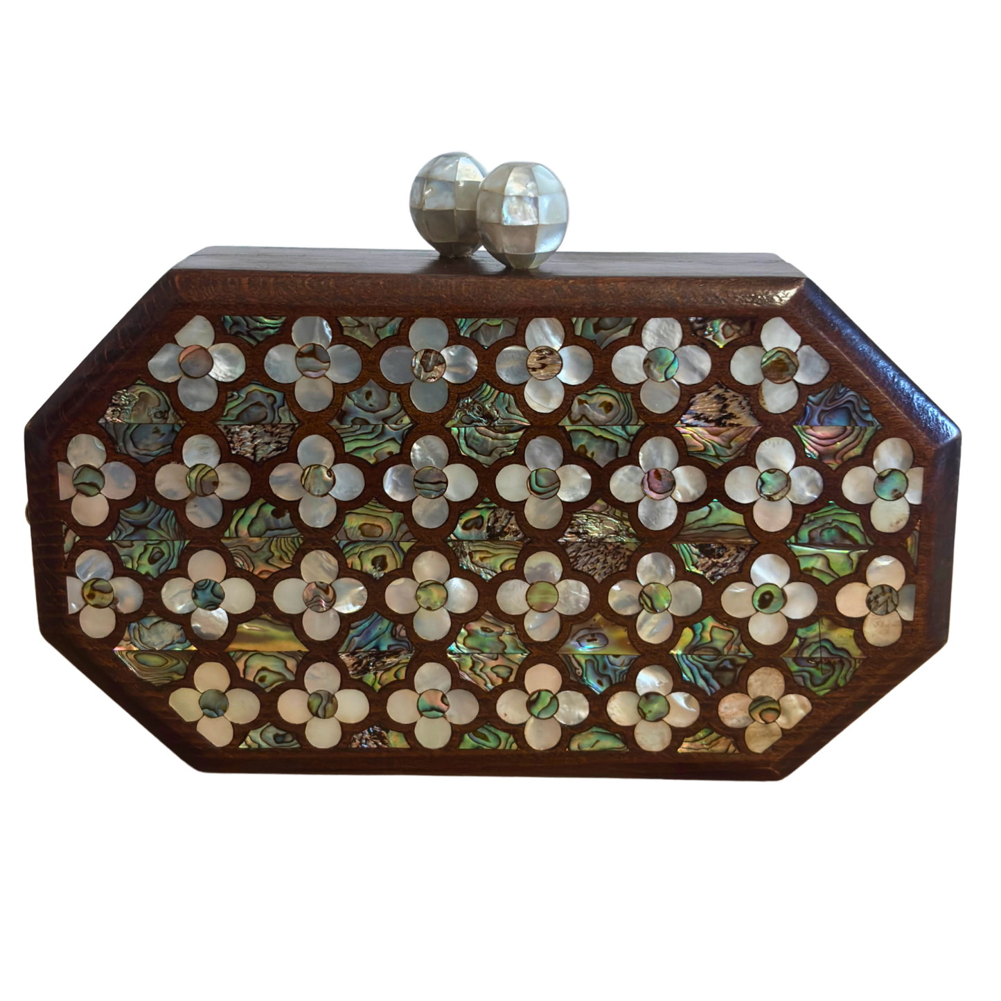 Das Flüstern der Rosen – Handgefertigte Damaszener Clutch aus Nussbaumholz mit Perlmuttrosen & Perlenkette
