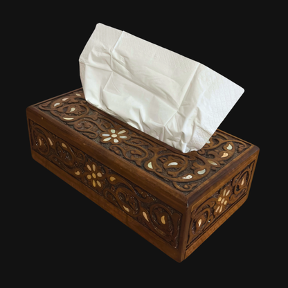 Hand-Carved Beechwood Tissue Box with Mother of Pearl Inlay – Walnut Finish Elegance