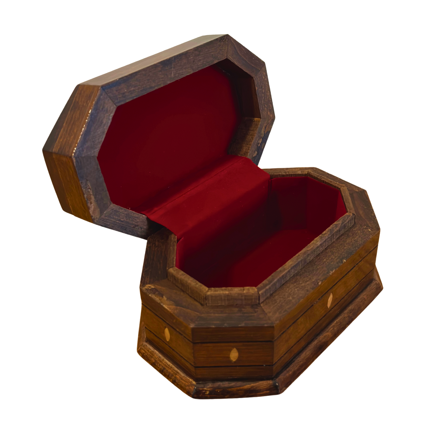 Handgeschnitzte Buchenholzbox mit Perlmuttintarsien – Elegante Walnussoptik