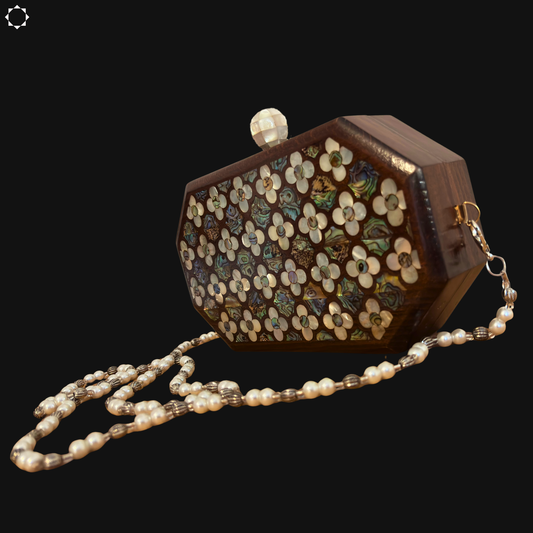 The Whisper of Roses – Handcrafted Damascene Walnut Clutch with Mother of Pearl Rose Inlay & Pearl Rosary Chain
