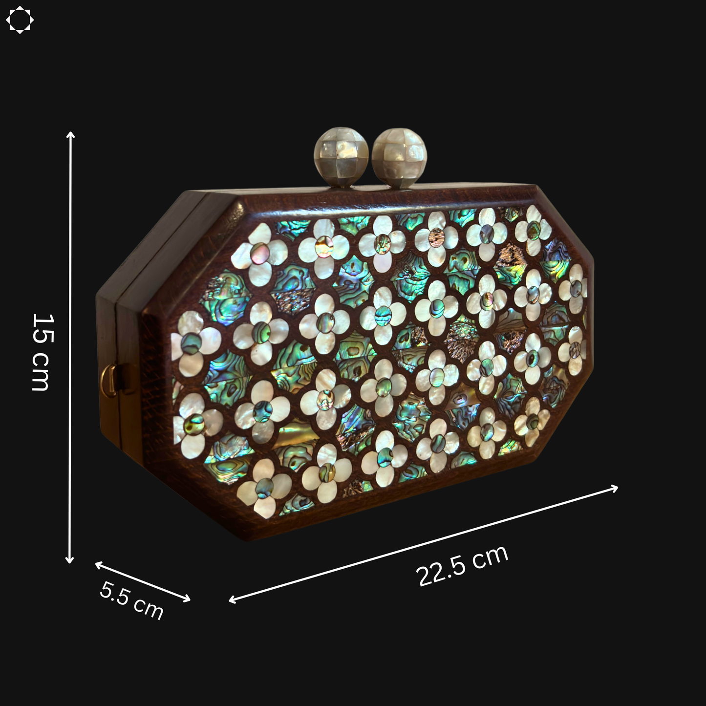 Das Flüstern der Rosen – Handgefertigte Damaszener Clutch aus Nussbaumholz mit Perlmuttrosen & Perlenkette