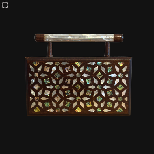 The Garden of Secrets – Handcrafted Damascene Walnut Clutch with Geometric & Botanical Mother of Pearl Inlay