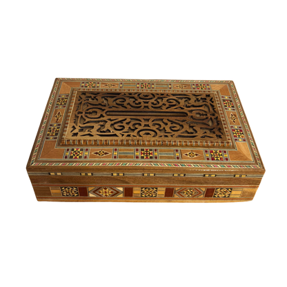 Damascene Carved Wooden Tissue Box – Natural Woods & Wine-Red Velvet Interior