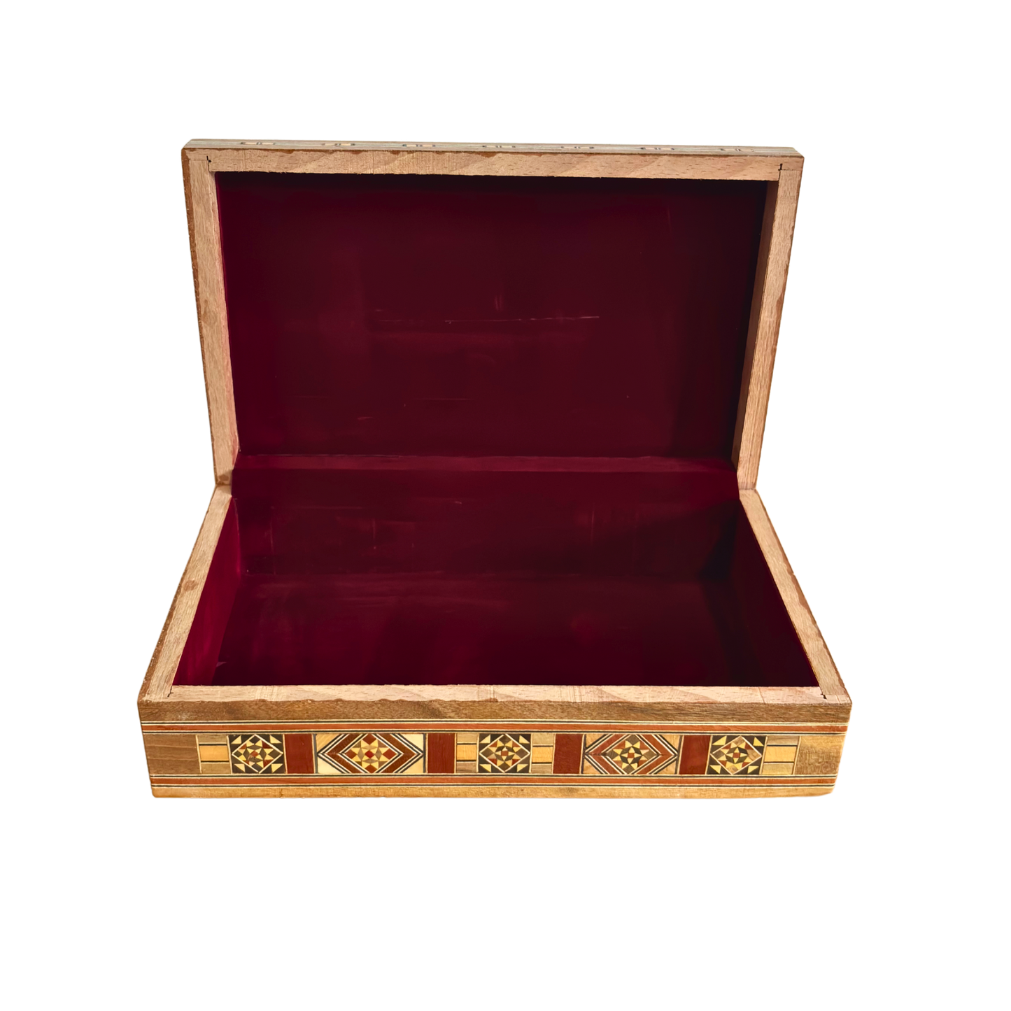 Damascene Carved Wooden Tissue Box – Natural Woods & Wine-Red Velvet Interior