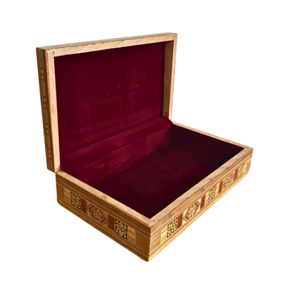 Damascene Carved Wooden Tissue Box – Natural Woods & Wine-Red Velvet Interior