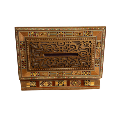 Damascene Carved Wooden Tissue Box – Natural Woods & Wine-Red Velvet Interior