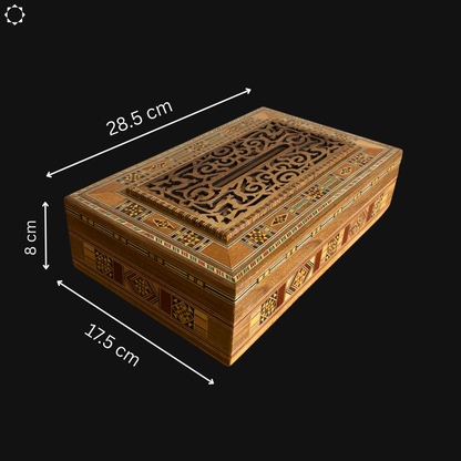 Damascene Carved Wooden Tissue Box – Natural Woods & Wine-Red Velvet Interior