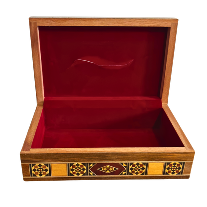 Elegante Damast Mozaïek Houten Tissue Box – Parelmoer Inleg & Fluwelen Binnenkant