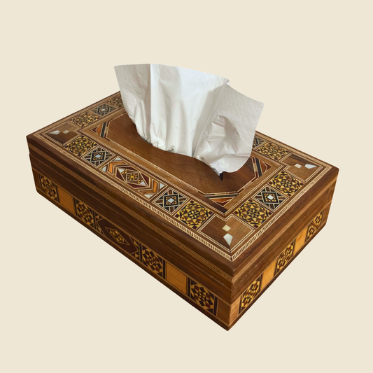 Élégante Boîte à Mouchoirs Damasquine en Bois – Incrustation de Nacre & Intérieur en Velours