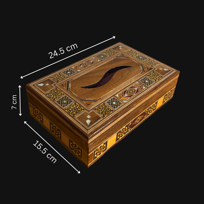 Elegante Damast Mozaïek Houten Tissue Box – Parelmoer Inleg & Fluwelen Binnenkant