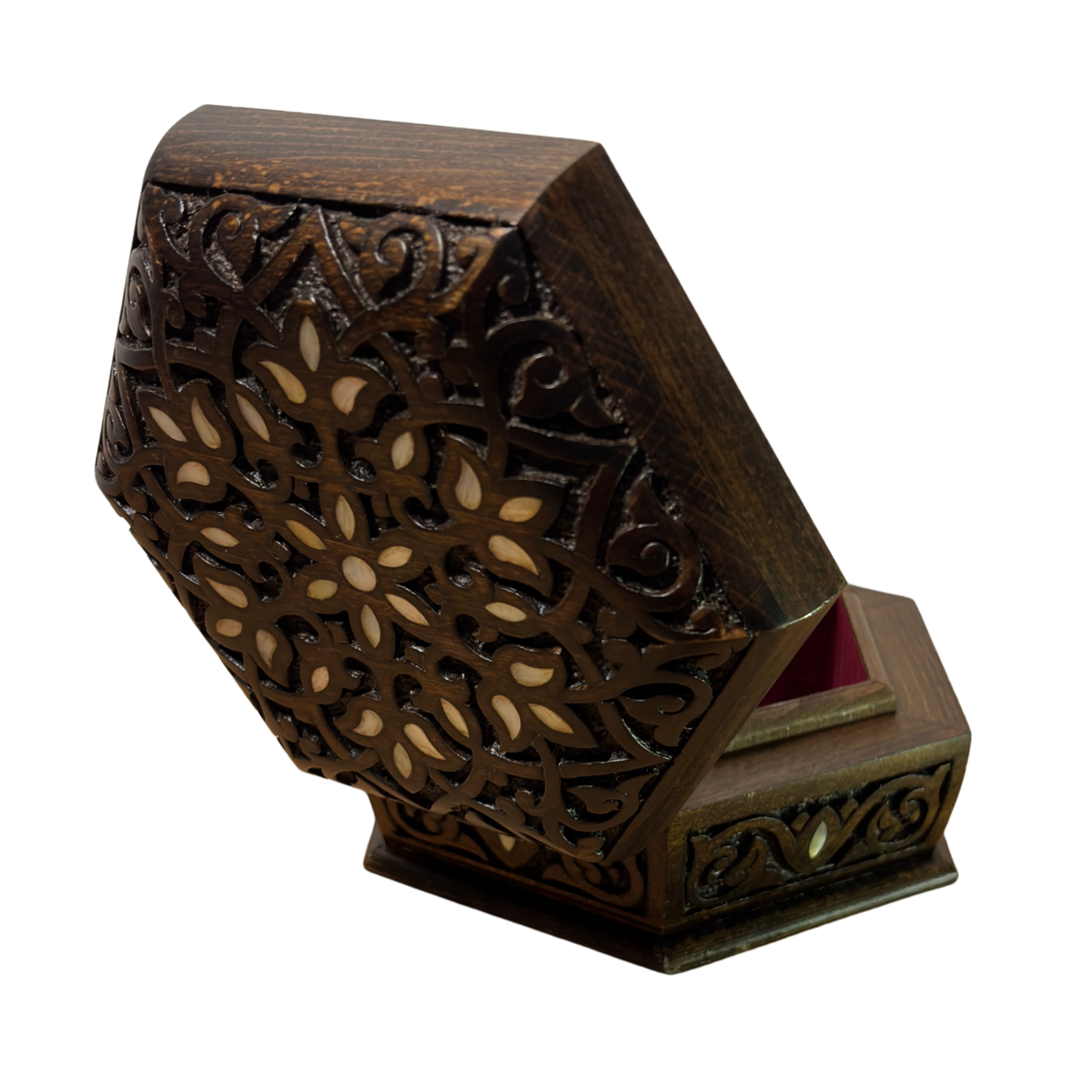 Luksusowa Ręcznie Rzeźbiona Szkatułka z Damaszku – Masa Perłowa & Aksamit