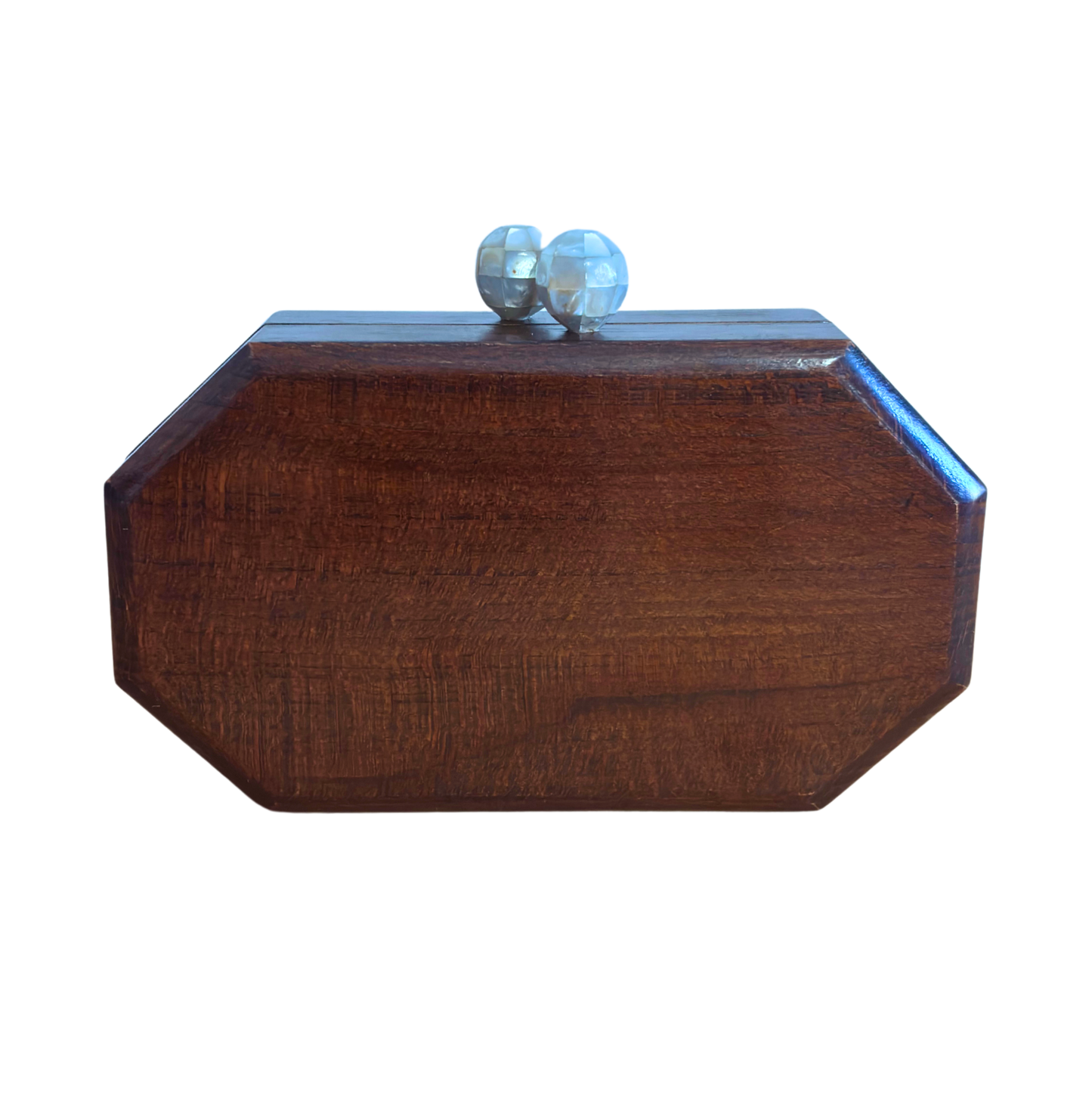 Das Flüstern der Rosen – Handgefertigte Damaszener Clutch aus Nussbaumholz mit Perlmuttrosen & Perlenkette