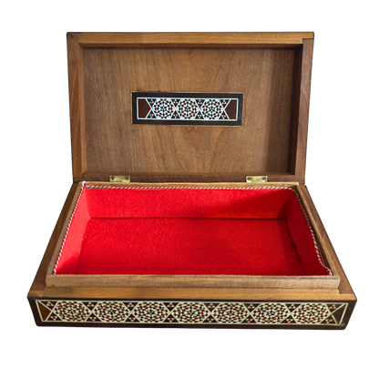 Vintage Damascene sieradendoos uit 1970, handgemaakt houten kistje, ingelegd met parelmoer, Syrisch ambachtelijk meesterwerk