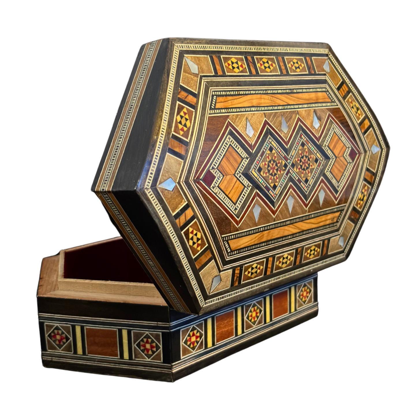 Handcrafted Damascene Mosaic Box – Mother of Pearl & Velvet Harmony