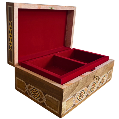 Gran Caja de Mosaico Damasceno Hecha a Mano con Cerradura – Cofre de Joyería de Madera de Varios Niveles con Incrustación de Nácar