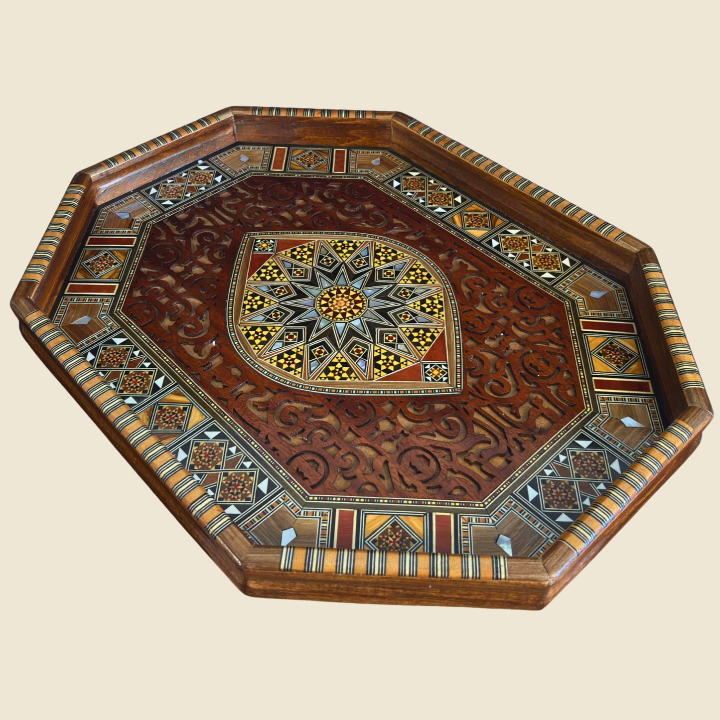 Luxury Damascene Mosaic Serving Tray – Mother of Pearl & Hand-Carved Elegance