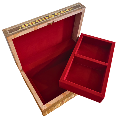 Gran Caja de Mosaico Damasceno Hecha a Mano con Cerradura – Cofre de Joyería de Madera de Varios Niveles con Incrustación de Nácar