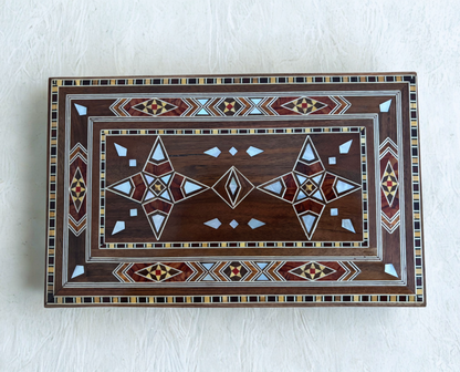 Gran Caja de Mosaico Damasceno Hecha a Mano con Cerradura – Cofre de Joyería de Madera de Varios Niveles con Incrustación de Nácar