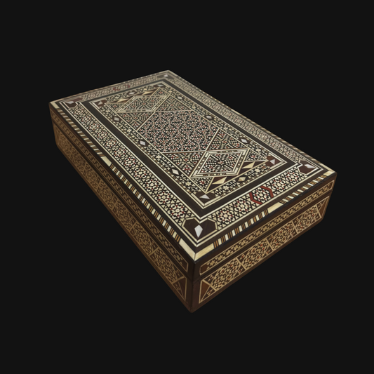 Boîte à bijoux damascène vintage de 1970, coffret en bois fait main, incrustations de nacre, trésor artisanal syrien